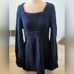 Vintage Navy Knit Sweater Tunic with Square Neckline